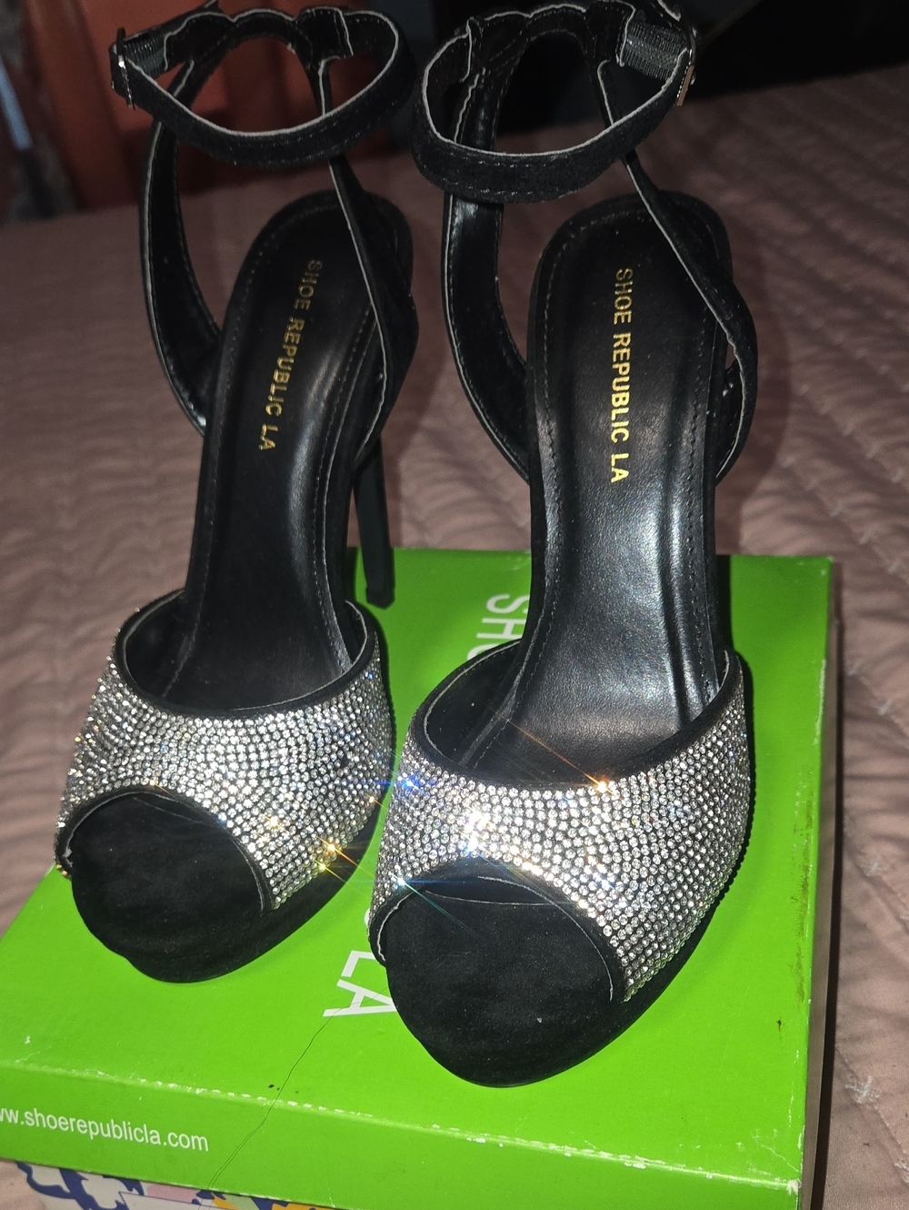Shoe Republic LA Black Ankle-Strap Heels with Crystal Toe